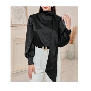 Black Jacquard style Draped Front Lantern sleeve Blouse NEVER WORN- SMALL